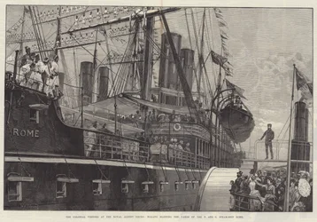 Os visitantes coloniais no Royal Albert Docks, malaios manejando as jardas do P e O navio a vapor Roma