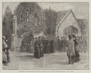 O Funeral do falecido Duque de Clarence e Avondale, Visitantes de Sandringham esperando sua vez na Alpendre da Igreja, 18 de janeiro de 1892