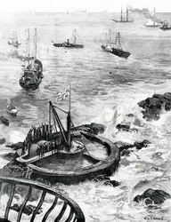 O Príncipe de Gales e Duque de Edimburgo, que estabelece a pedra fundamental do novo farol de Eddystone, ilustração de "The Illustrated London News", 1879