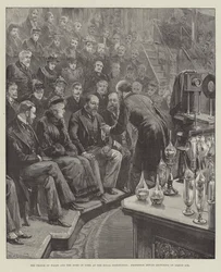 O Príncipe de Gales e o Duque de York na Royal Institution, Professor Dewar, dando palestras sobre a Liquid Air