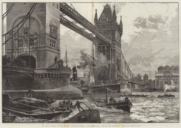 A Tower Bridge, a ser erguida sobre o rio Tâmisa, pedra fundamental colocada pelo príncipe de Gales na segunda-feira passada