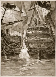 O ataque à "Ville de Paris", 1782, ilustração de "História Ilustrada de Cassell da Inglaterra" (foto sépia)