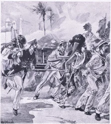A brigada naval de HMS Shannon em Lucknow, novembro de 1857, ilustração das batalhas britânicas na terra e no mar, 1915