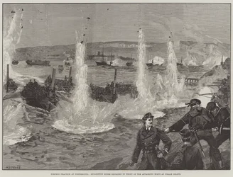 Prática de torpedos em Portsmouth, Gun-Cotton Mines explodiu em frente aos barcos atacantes na Whale Island