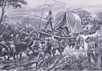 Zulu War: A Força de Socorro de Estowe atravessando um riacho, em abril de 1879, ilustração das Batalhas Britânicas em Terra e Mar, 1915