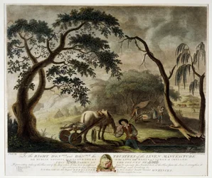 Retirada do linho da turfeira, estampa III de «A manufatura do linho na Irlanda», 1791
