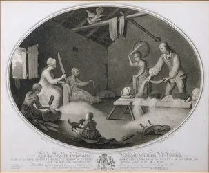 O método comum de escarafurar, espancar e cortar o linho, prancha IV de &39;The Linen Manufactory of Ireland&39;, prancha IV