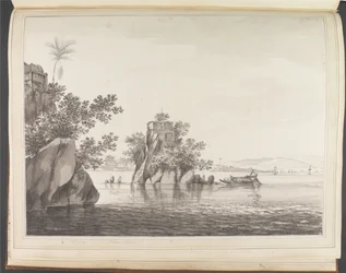Vista de um rochedo isolado no rio Ganges em Jangerah [Jahangira]