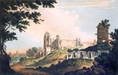 Pl. 12 Uma vista da mesquita em Futtipoor Sicri, de &39;Select Views in India&39;, pub. 1785-88 (gravura colorida com aquatint)