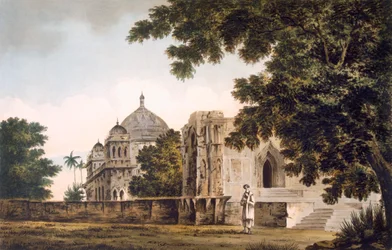 Pl. 18 Uma vista da mesquita em Mounheer, do sudeste, de &39;Select Views in India&39;, pub. 1780-83 (gravura colorida com aquatint)