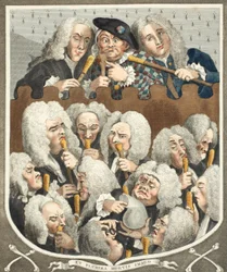 Uma consulta de médicos, ou a empresa de empresários, ilustração de &39;Hogarth restaurado: todo obras do célebre William Hogarth, re-gravado por Thomas Cook&39;, pub. 1812 (cor da mão