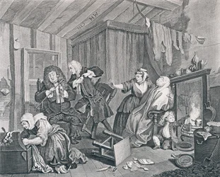 Progresso de uma prostituta, placa cinco: expira enquanto os doutores estão disputando, 1732 (gravura e gravação)