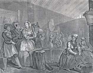 Progresso de uma prostituta, Placa Quatro: Cena em Bridewell, 1732 (gravura e gravura)