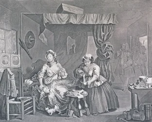 Progresso de uma prostituta, Placa Três: Preso por um magistrado, 1732 (gravura e gravura)