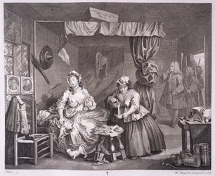 Progresso de uma prostituta, prato III, de "As obras originais e genuínas de William Hogarth", publicado em Londres, 1820-22
