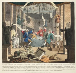 Uma vista justa do palco britânico ou três cabeças é melhor do que um, 1724, ilustração de &39;Hogarth restaurado: as obras inteiras do célebre William Hogarth, re-gravado por Thomas Cook&39;, pub. 181