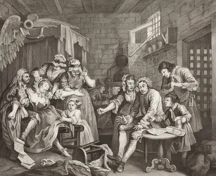 O progresso de um ancinho, ilustração 7: O ancinho na prisão - Folha 7: Tom Rakewell na prisão. 1735
