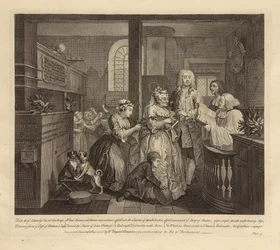 A Rakes Progress, Plate V, junho de 1735 (gravura e água-forte sobre papel vegetal, estado i)