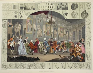 Análise da beleza, placa II, ilustração de &39;Hogarth restaurado: as obras inteiras do célebre William Hogarth, re-gravado por Thomas Cook&39;, pub. 1812 (gravura colorida à mão)