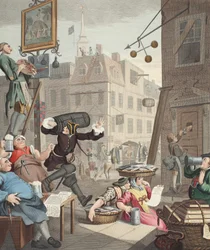 Beer Street, ilustração de &39;Hogarth restaurado: as obras inteiras do célebre William Hogarth, re-gravado por Thomas Cook&39;, pub. 1812 (gravura colorida à mão)