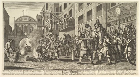 Queimando as protuberâncias na barra do templo Doze grandes ilustrações para Samuel Butlers Hudibra ..., 1725-68.