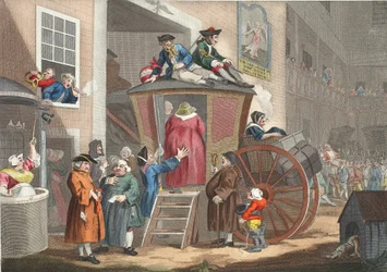 Pátio da pensão do país, ilustração de &39;Hogarth restaurado: As obras inteiras do celebrado William Hogarth, re-gravado por Thomas Cook&39;, bar. 1812 (gravura colorida à mão)