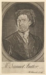 Retrato do frontispício dezessete ilustrações pequenas para Samuel Butlers Hudibras, abril de 1726.