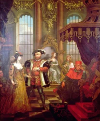 Henrique VIII (1491-1547) apresenta Ana Bolena ao tribunal (ver também 67103)