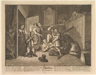 Hudibras catequizou doze grandes ilustrações para Samuel Butlers Hudibras, ilustração 9, 1725-68.