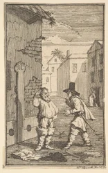 Hudubras e Ralpho disputando dezessete pequenas ilustrações de Samuel Butlers Hudibr ..., 1721-26.