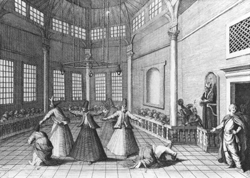 Dentro de uma mesquita turca, ilustração de "Viaja pela Europa, Ásia e parte da África", de Aubry de la Mottraye, publicada em 1723