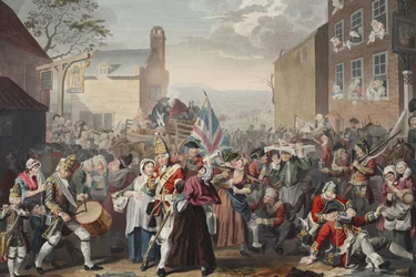 Março dos guardas a Finchley, ilustração de "Hogarth restaurado: As obras inteiras do célebre William Hogarth, re-gravado por Thomas Cook", pub. 1812 (gravura colorida à mão)