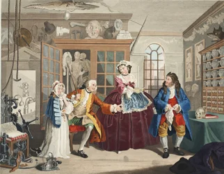 Casamento à la mode, placa III, a inspeção, ilustração de &39;Hogarth restaurado: as obras inteiras do célebre William Hogarth, re-gravado por Thomas Cook&39;, pub. 1812 (gravura colorida à mão)