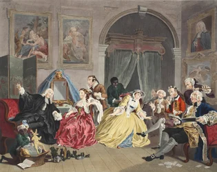 Casamento à la mode, placa IV, The Toilette, ilustração de &39;Hogarth restaurado: as obras inteiras do célebre William Hogarth, re-gravado por Thomas Cook&39;, pub. 1812 (gravura colorida à mão)