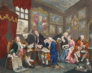 Casamento a la Mode, Placa I, o assentamento de casamento, ilustração de &39;Hogarth restaurado: as obras inteiras do célebre William Hogarth, re-gravado por Thomas Cook&39;, pub. 1812 (engr colorido à mão