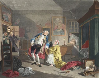 Casamento a la Mode, Placa V, O Bagnio, ilustração de &39;Hogarth Restaurado: Obras inteiras do célebre William Hogarth, re-gravado por Thomas Cook&39;, pub. 1812 (gravura colorida à mão)