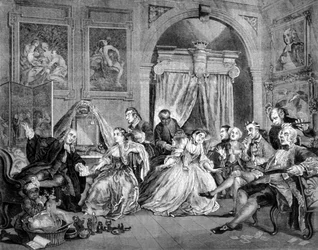 Marriage in Fashion (Casamento na Moda): série de 6 quadros satíricos sobre o casamento de pessoas ricas. Levantem-no. Gravura de William Hogarth (1697 - 1764). 1745.