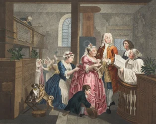 Casado com uma solteirona, prancha V de «A Rake’s Progress», ilustração de «Hogarth Restored: The Whole Works of the celebrated William Hogarth», regravada por Thomas Cook, publicada em 1812