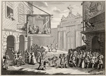 Masquerades e óperas, Burlington Gate, de "The Works of Hogarth", publicado em 1833