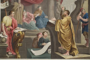 Paul antes de Felix, ilustração de &39;Hogarth restaurado: as obras inteiras do célebre William Hogarth, re-gravado por Thomas Cook&39;, pub. 1812 (gravura colorida à mão)