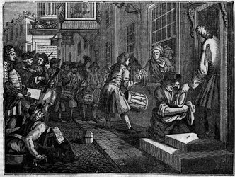 Placa de uma série de 12 gravuras de William Hogarth (1697-1764), ilustrador britânico, intitulada "Industry and Idleness", "Zele and laziness", contando as carreiras de dois aprendizes: O casamento de Goodchild com a filha do seu mestre tecelão.