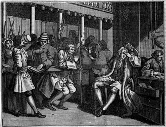 Placa de uma série de 12 gravuras de William Hogarth (1697-1764), ilustrador britânico, intitulada "Industry and Idleness", "Zele and laziness", relatando as carreiras de dois aprendizes: Thomas Idle, culpado de seus vícios, foi juiz por Goodchild, tornou-
