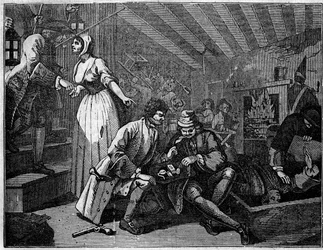 Placa retirada de uma série de 12 gravuras de William Hogarth (1697-1764), ilustrador britânico, intitulada "Industry and Idleness", "Zele and laziness", relatando as carreiras de dois aprendizes: Thomas Idle, culpado de seus vícios, foi parado em uma tabe
