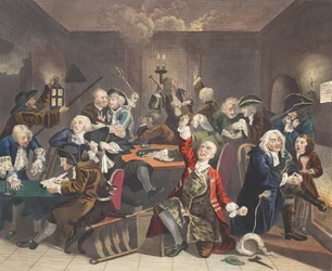 Cena em uma casa do jogo, placa VI do progresso de um ancinho, ilustração de &39;Hogarth restaurado: O trabalho inteiro do William Hogarth comemorado, re-gravado por Thomas Cook&39;, bar. 1812 (colorido à mão