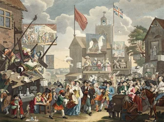 Southwark Fair, 1733, ilustração de &39;Hogarth restaurado: Obras inteiras do célebre William Hogarth, re-gravado por Thomas Cook&39;, pub. 1812 (gravura colorida à mão)