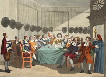 O comitê, de &39;Hudibras&39; por Samuel Butler (1612-1680), ilustração de &39;Hogarth restaurado: as obras inteiras do célebre William Hogarth, re-gravado por Thomas Cook&39;, pub. 1812 (colorido à mão