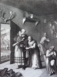 O Cura e o Barbeiro Disfarçando-se para levar Dom Quixote para casa. por William Hogarth