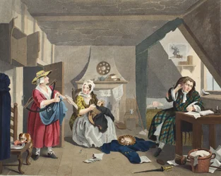 O poeta afligido, ilustração de "Hogarth restaurado: As obras inteiras do célebre William Hogarth, re-gravado por Thomas Cook", pub. 1812 (gravura colorida à mão)