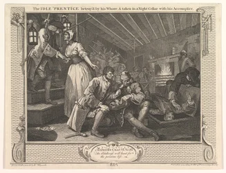 O prentice ocioso traído por sua prostituta e levado para um porão noturno com oi ..., 30 de setembro de 1747.