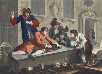 O Idle &39;Prentice em Brincadeira no Pátio da Igreja Durante o Serviço Divino, placa III de&39; Indústria e Ociosidade, ilustração de &39;Hogarth Restaurado: As Obras Completas do celebrado William Hogarth, re-eng
